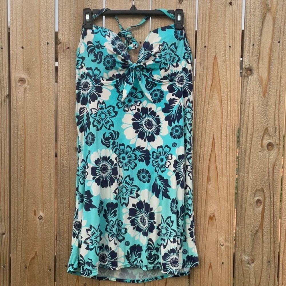 Take 50% OFF- Islander Floral Halter Swim Dress  in Blue and White